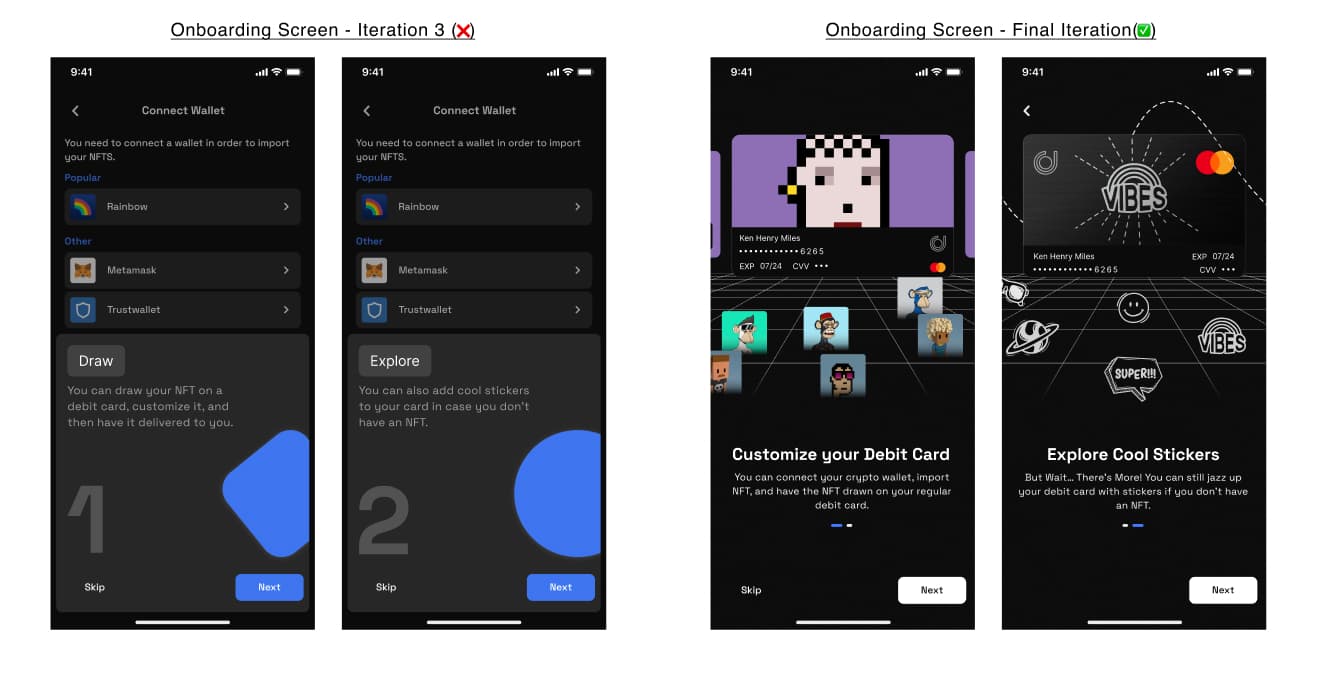 Onboarding screens — before and after